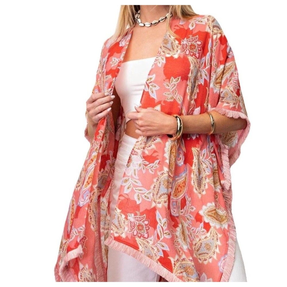 Kori Kimono Cover Up M/L Coral Pink Paisley Fringe Boho Open Front Ruana